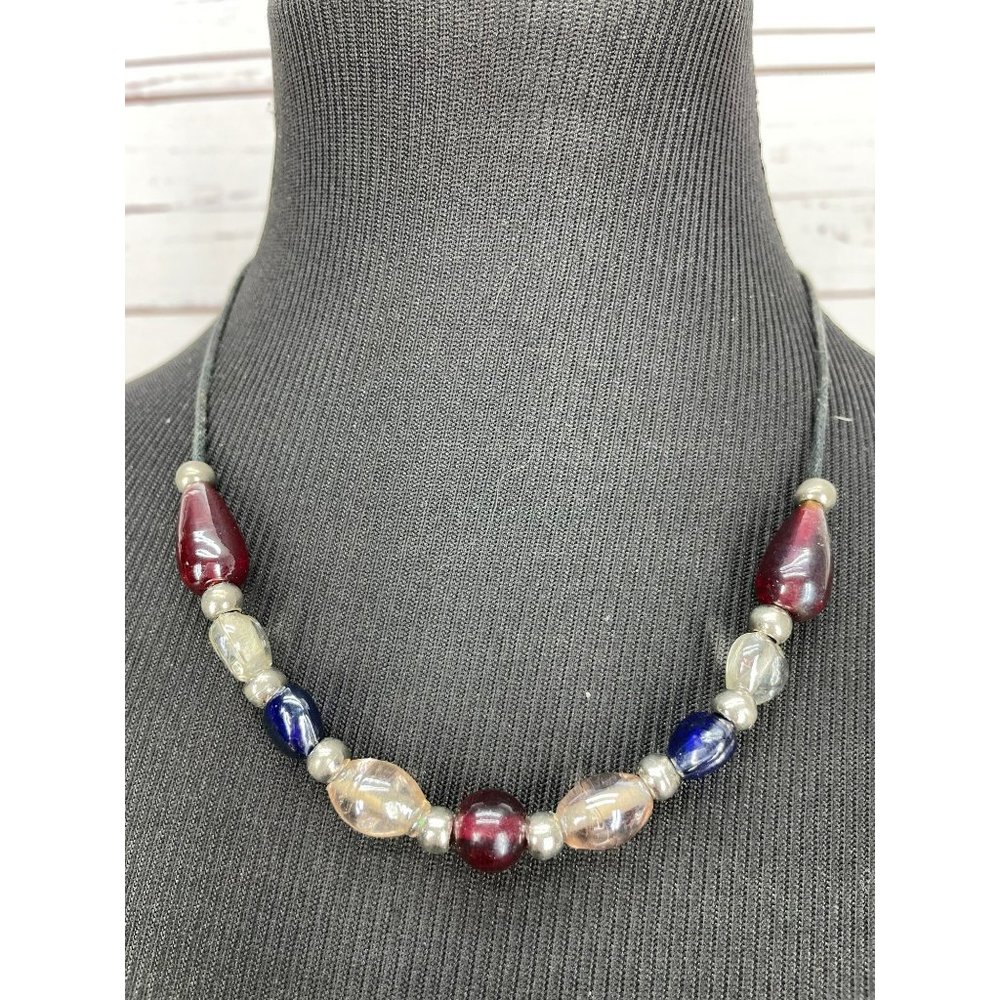 Handmade Purple Blue Clear Beaded Cord Fashion Necklace